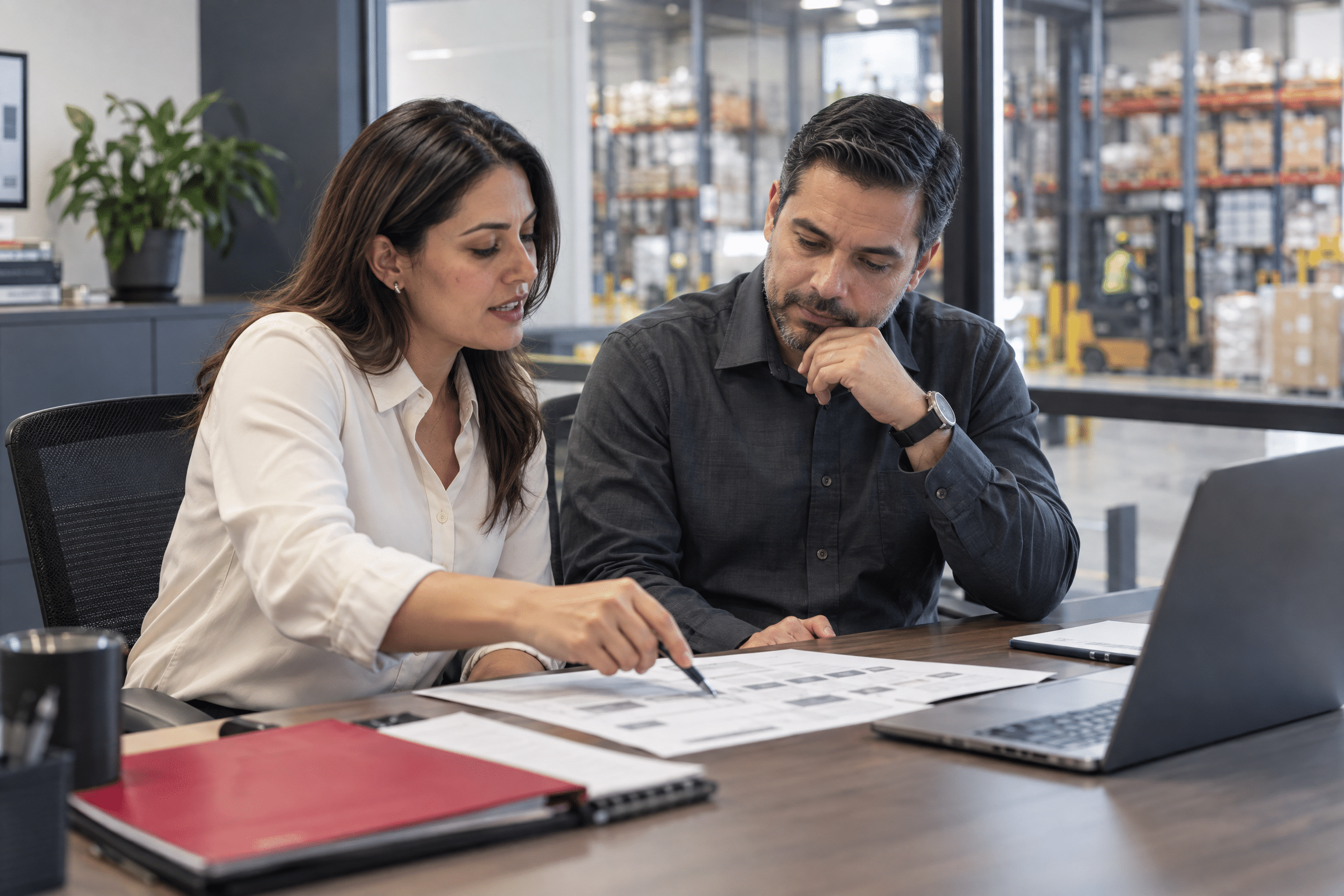 Profesionales revisando procesos y documentación en una operación logística