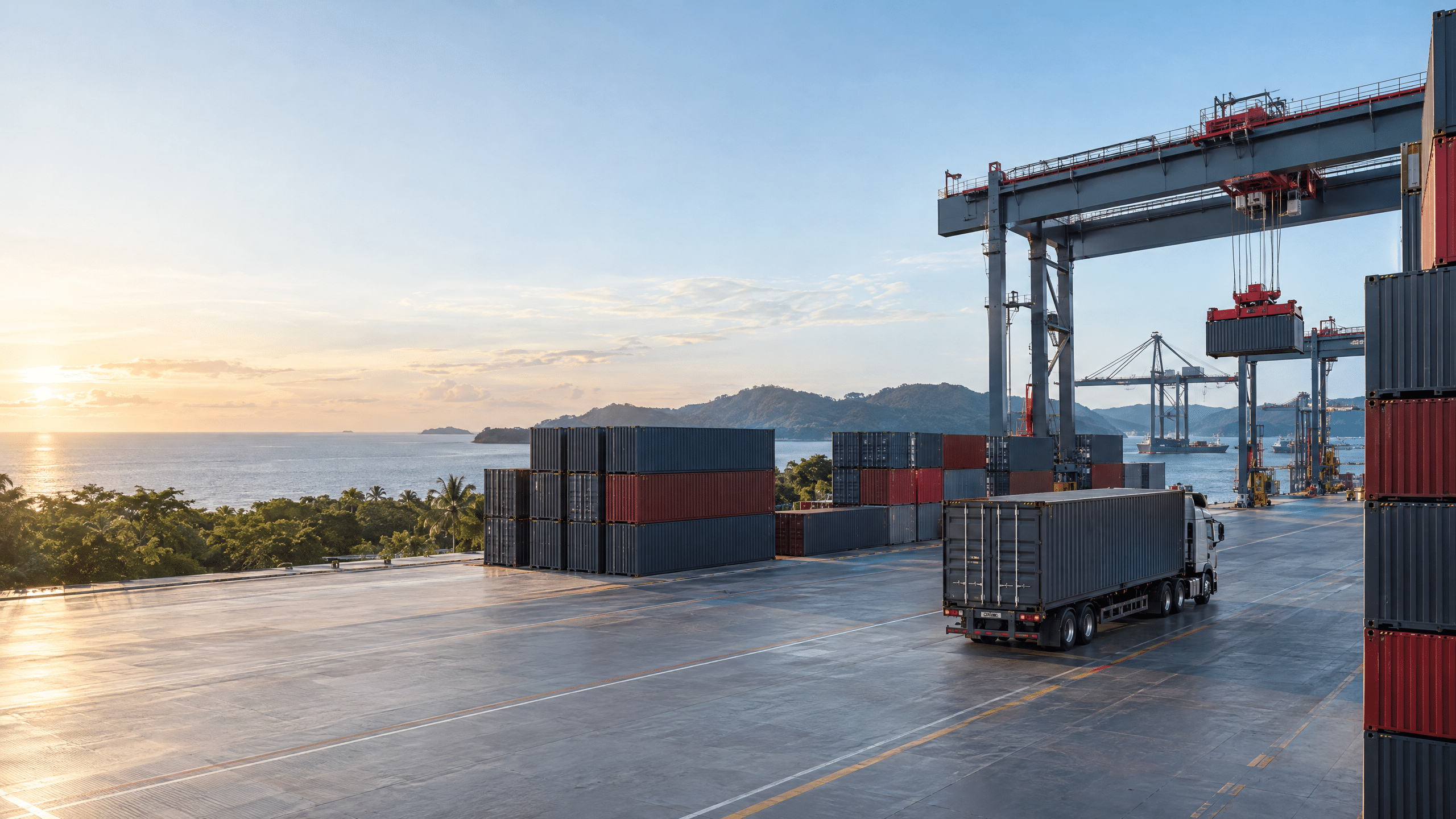 Instalación logística con contenedores y transporte de carga junto al mar